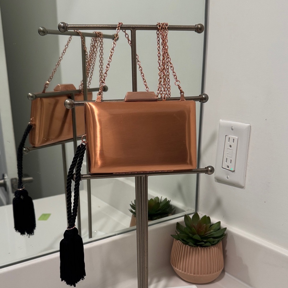 Metallic Rose Gold Box Clutch with Chain Strap